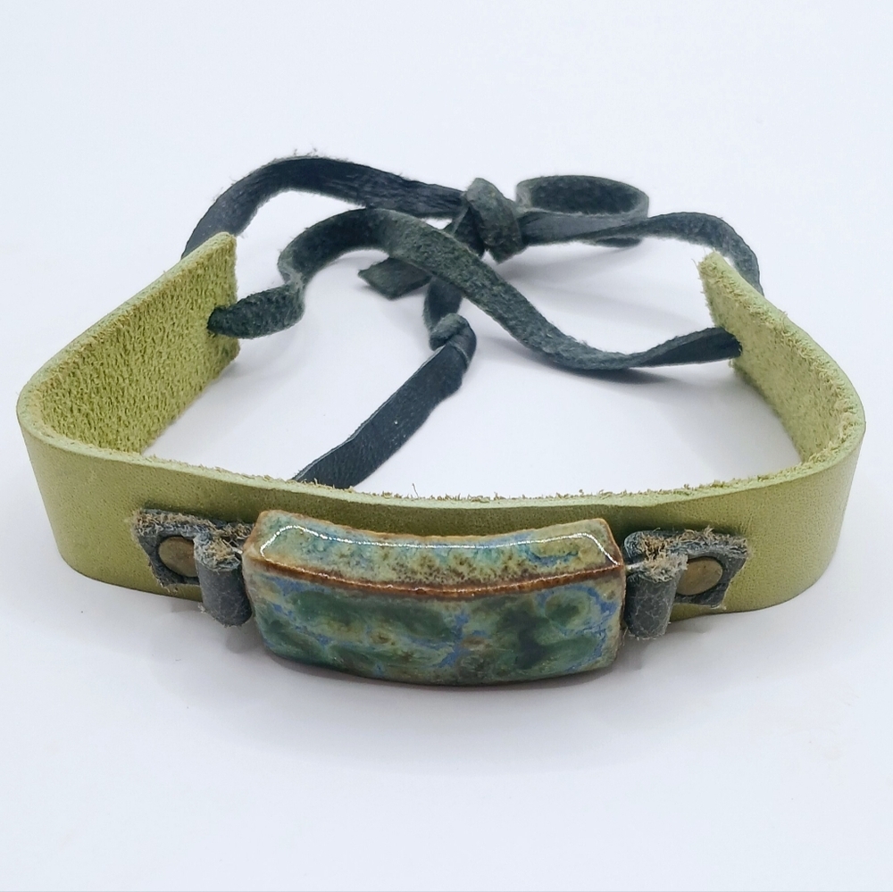 Green Glazed Ceramic Leather Adjustable Tie Bracelet